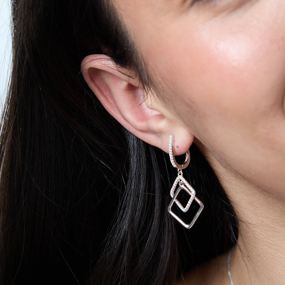Sterling Silver Offset Double Square Drop Earrings