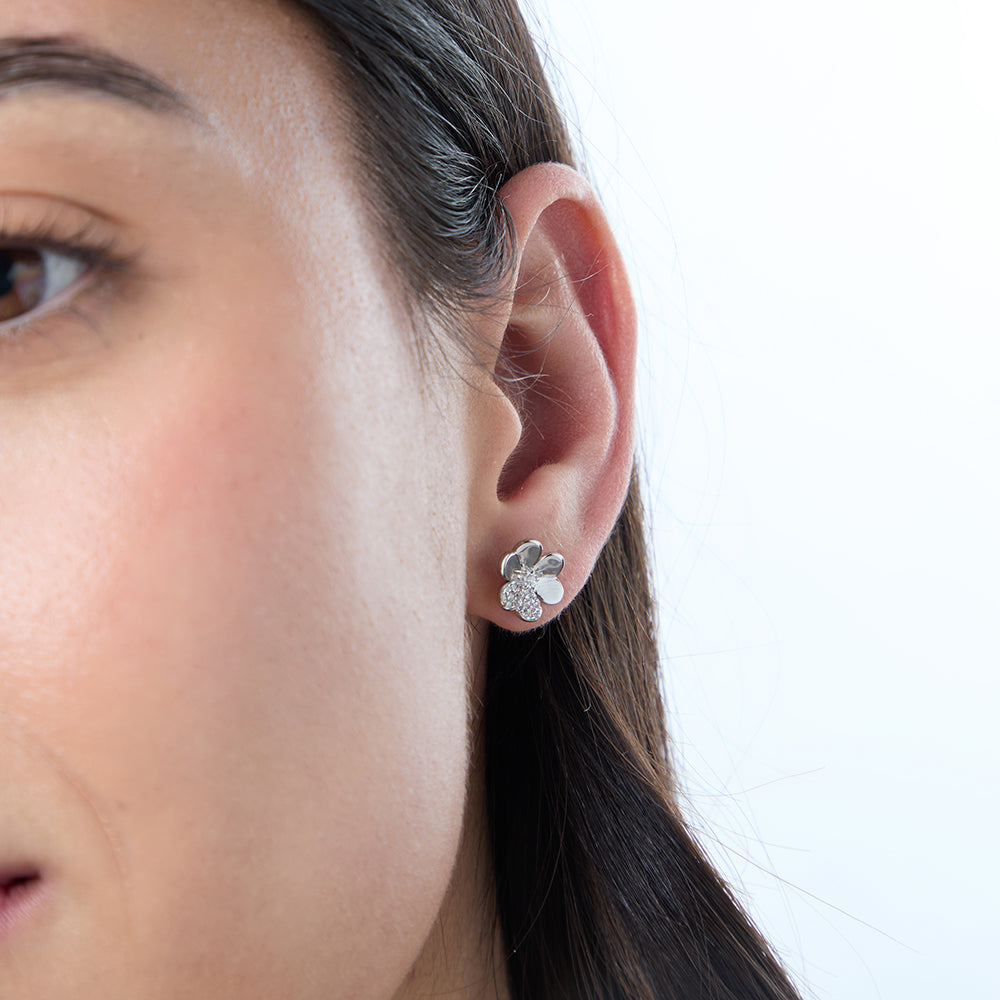 Sterling Silver Flower Quarter Set Cubic Zirconia Earrings