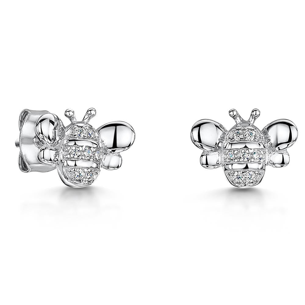 Silver Bee Stud Earrings Set With Cubic Zirconia Stripes