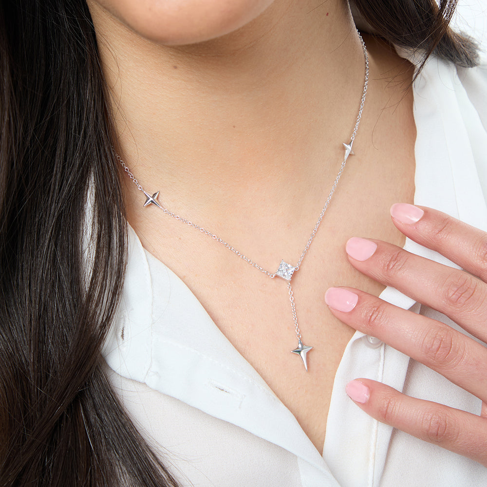 Sterling Silver Lariat Necklace With Faceted Crosses