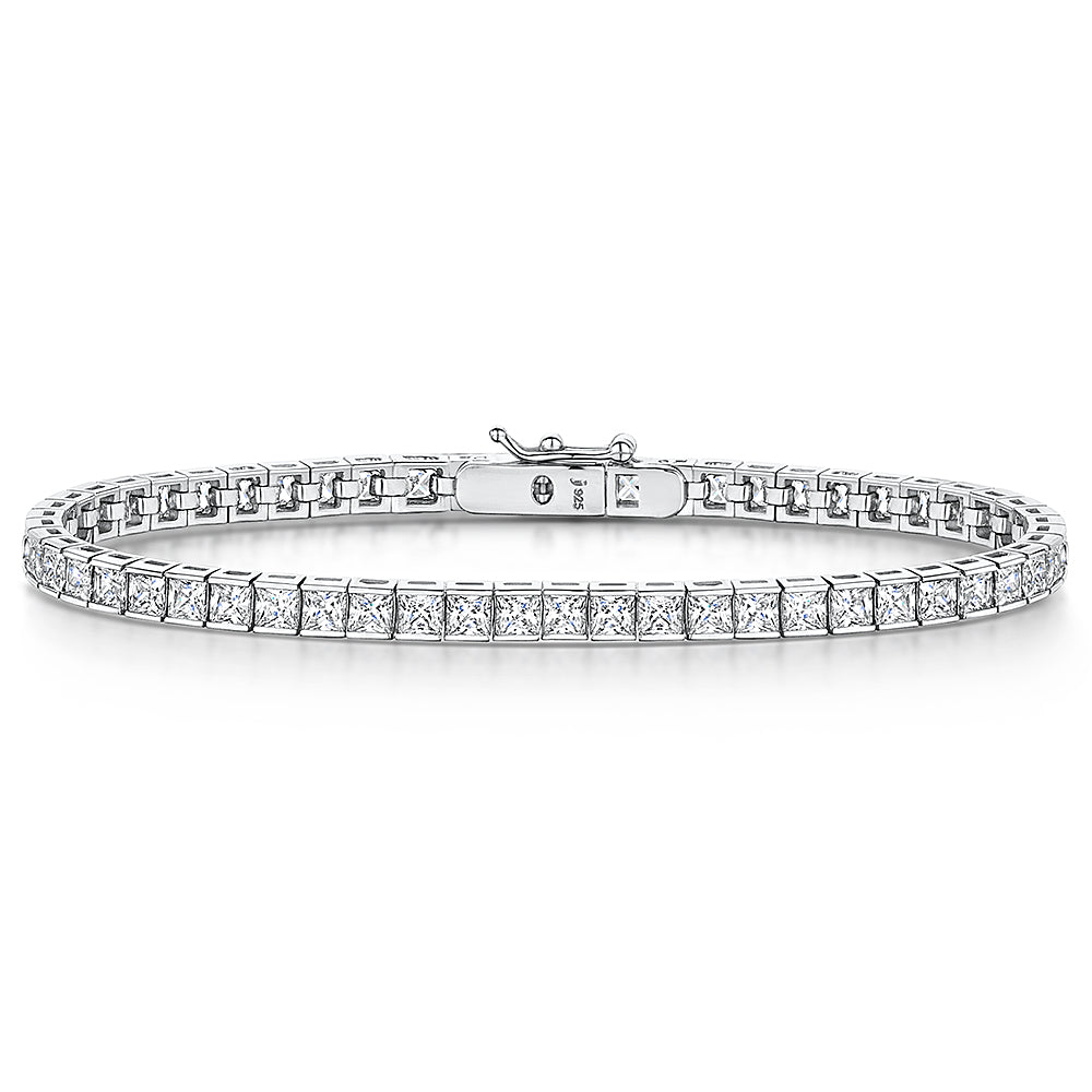 Sterling Silver Princess Cut Tennis Bracelet | Cubic Zirconia Square Link Bracelet