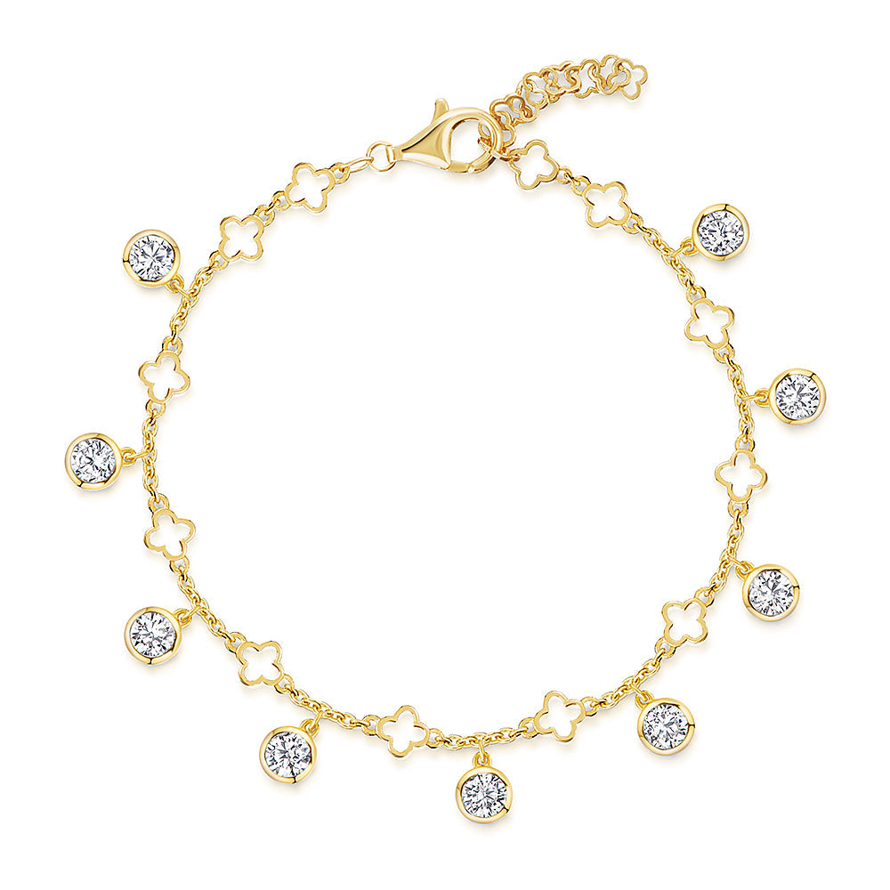 A yellow gold clover charm bracelet with nine cubic zirconia stones -JOOLS by Jenny Brown