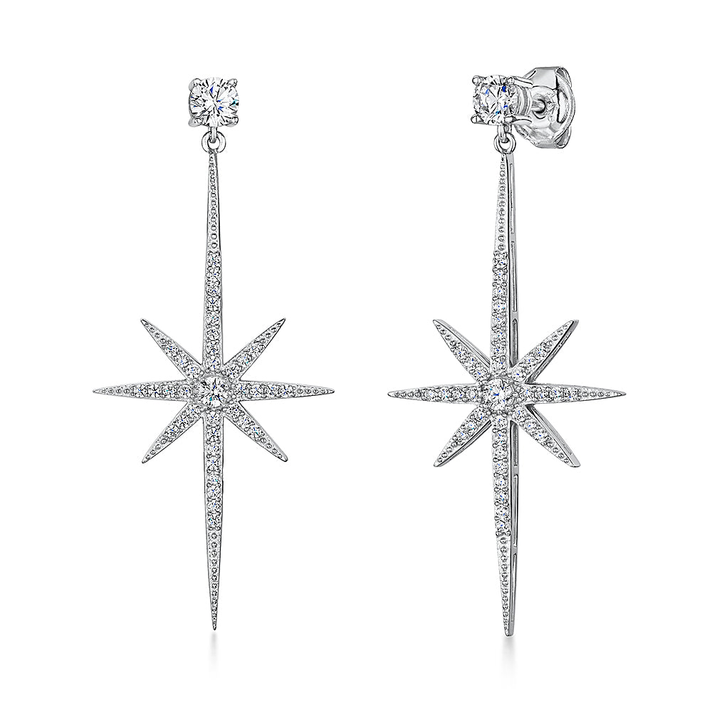Sterling Silver Large North Star Drop Stud Earrings