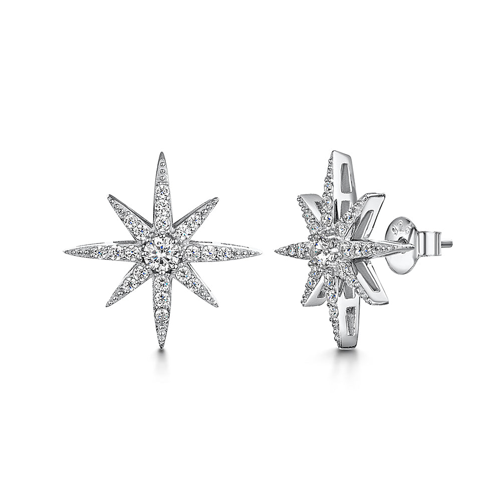 Sterling Silver And Zirconia Small North Star Stud Earrings