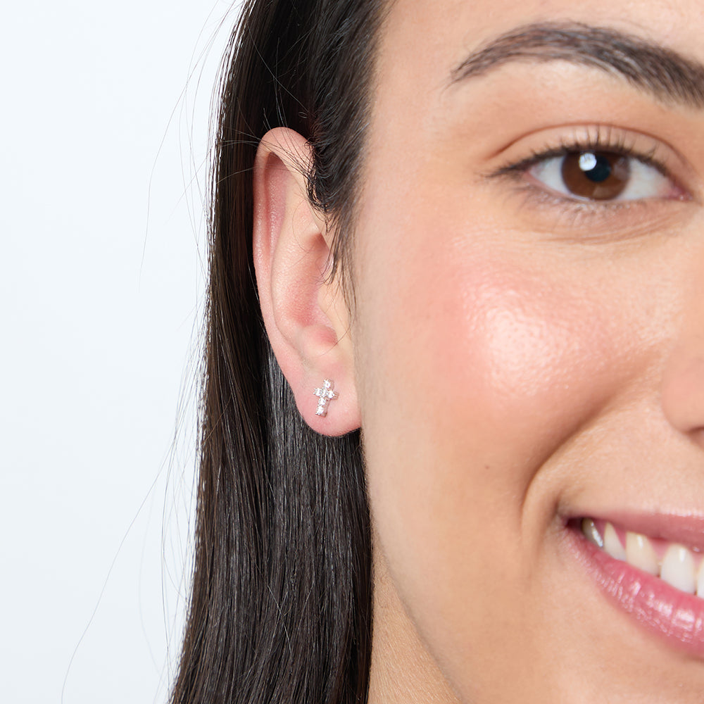 Small Silver & Cubic Zirconia Cross Earrings