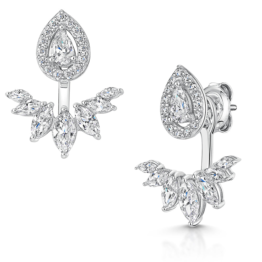 Sterling Silver Cubic Zirconia Pear Drop Marquise Jacket Earrings