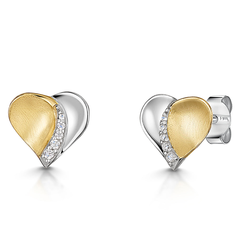 Yellow Gold And Silver Heart Stud Earrings