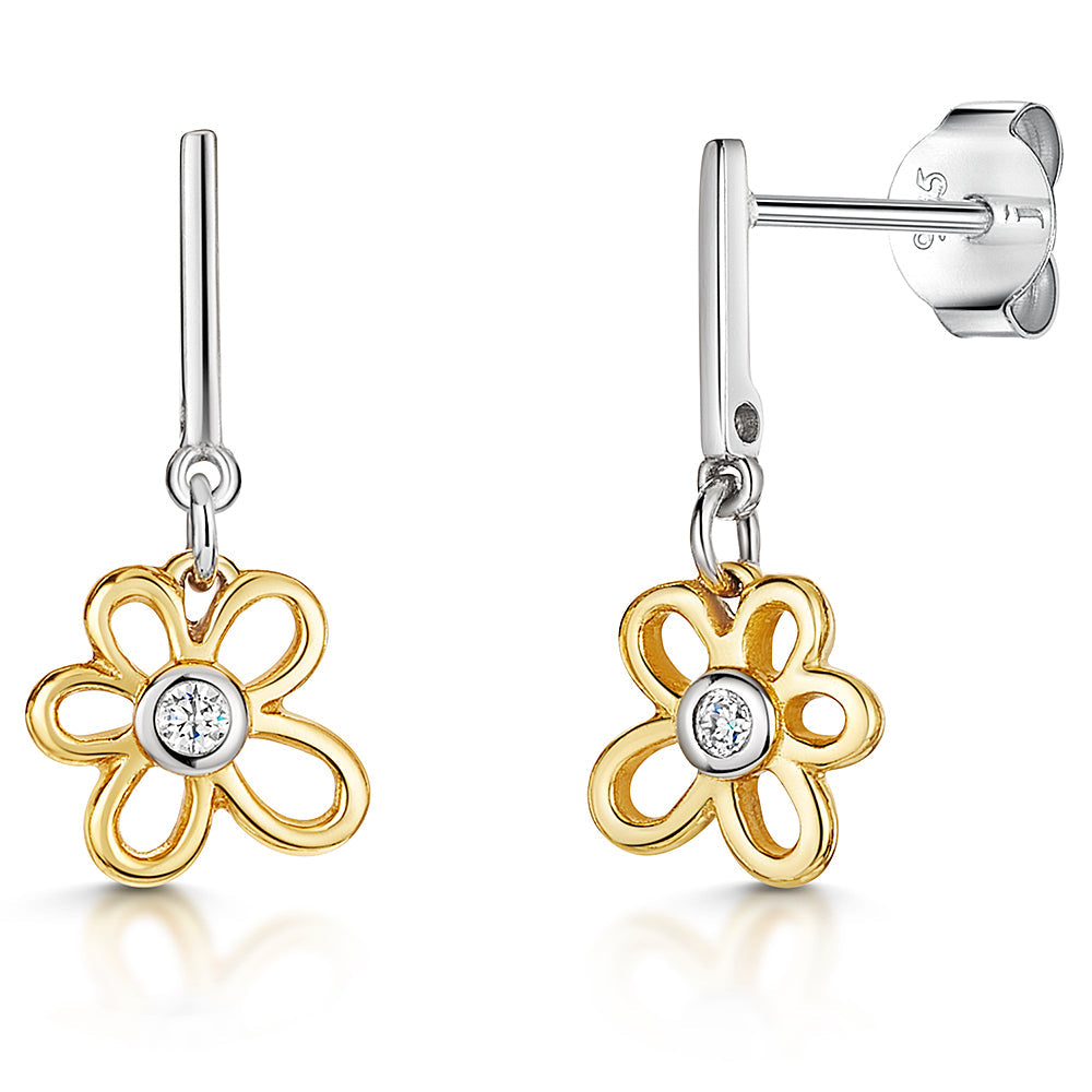 Open Flower Drop Earring With Cubic Zirconia Centres