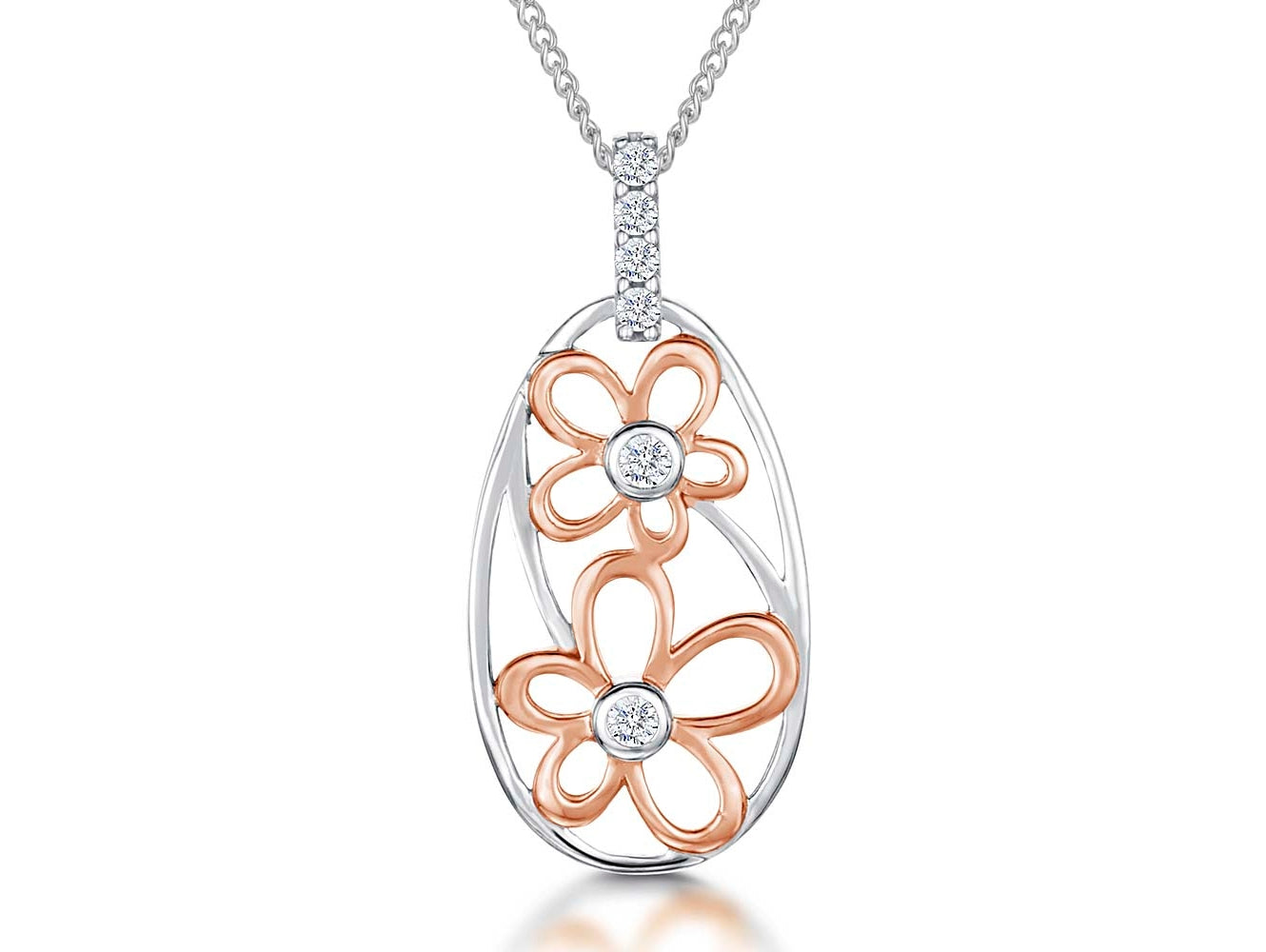 Sterling Silver Oval Pendant Filled With Rose Gold Flowers