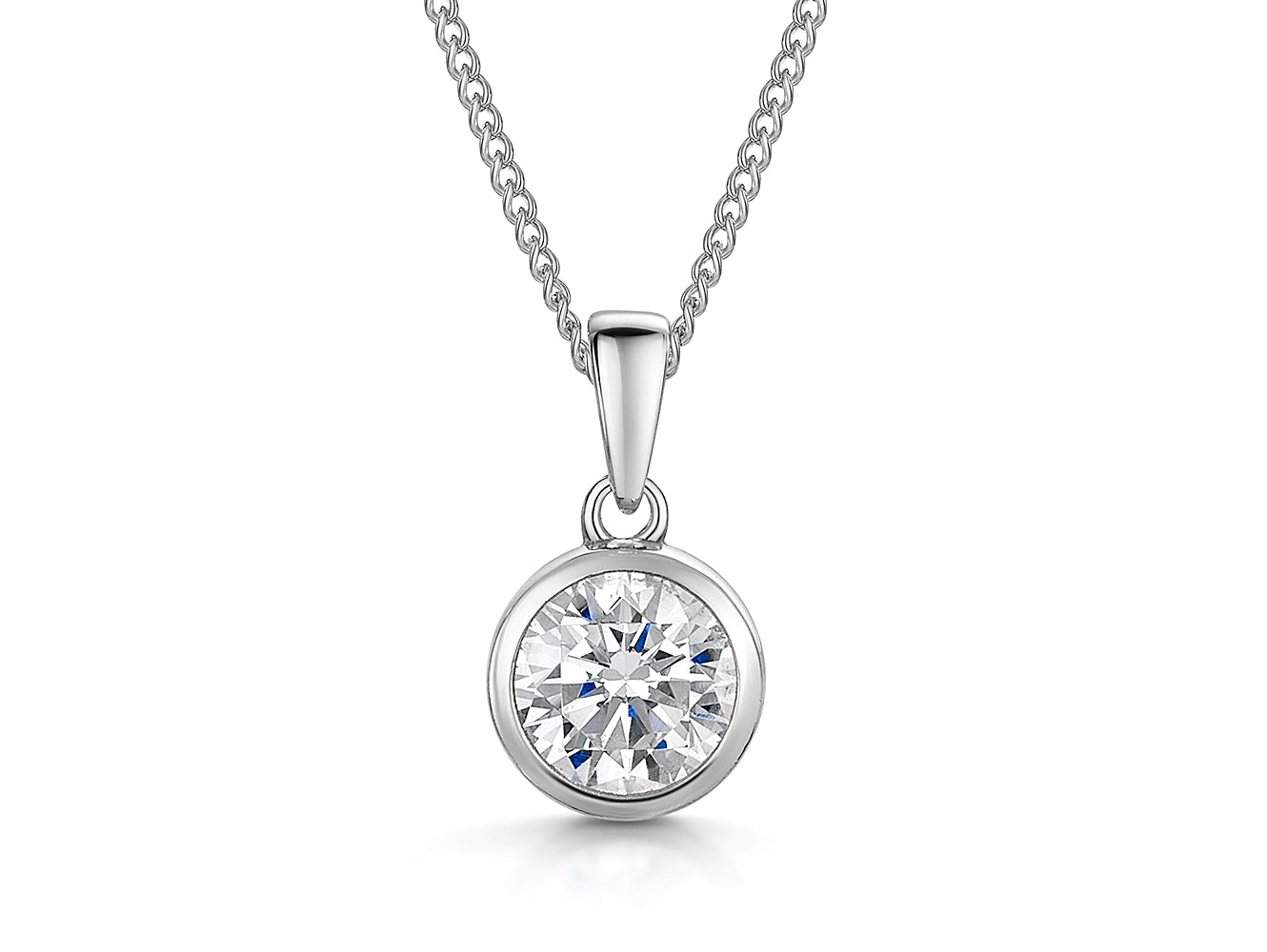 A sterling silver solitaire pendant with a round cubic zirconia stone set in a rub over setting-JOOLS by Jenny Brown