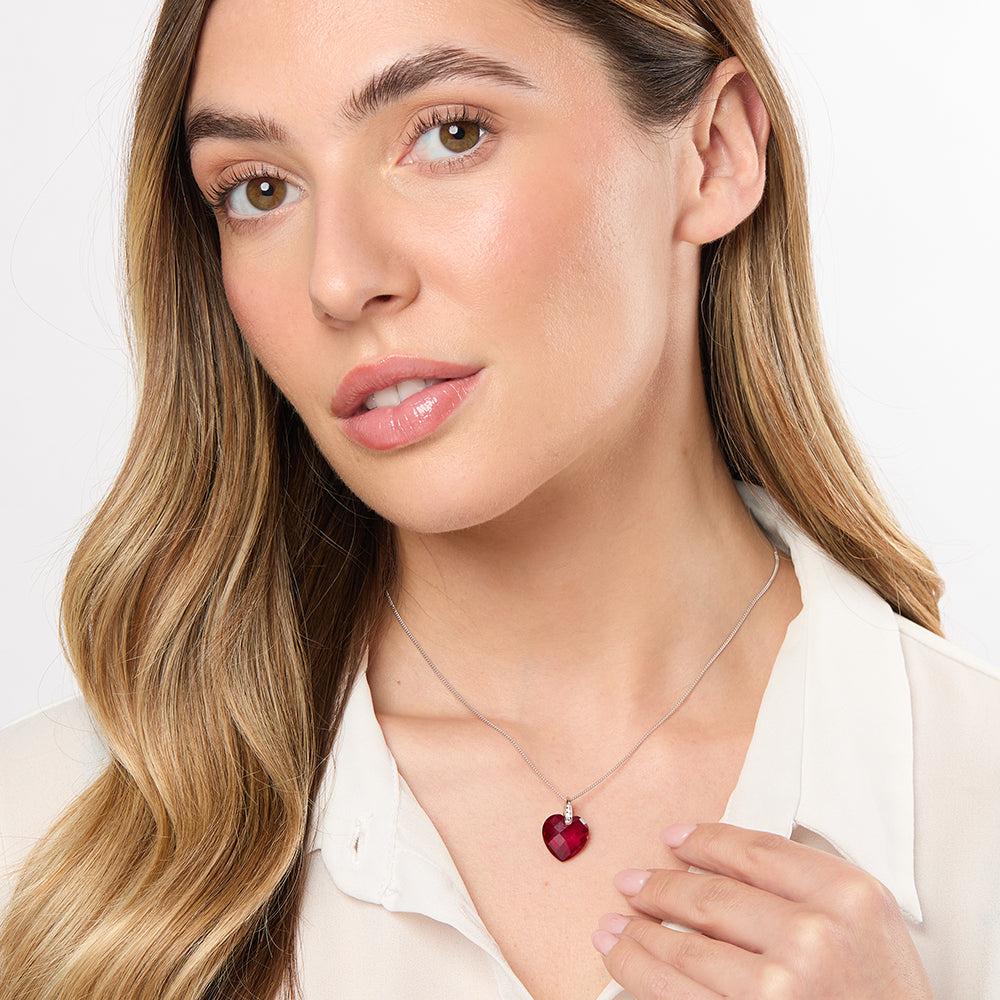 Sterling Silver Red Crystal Heart Pendant Necklace with Cubic Zirconia