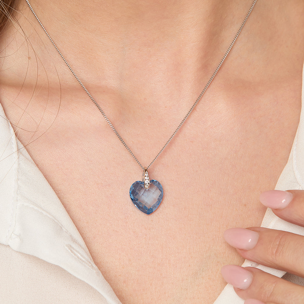 Sterling Silver Light Blue Faceted Heart Necklace