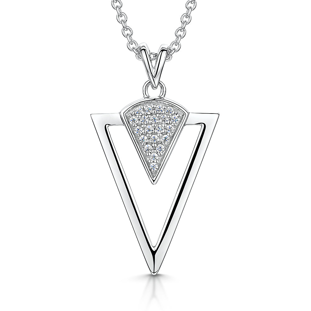 Sterling Silver Necklace - Art Deco Style Featuring A Silver Triangle With Cubic Zirconia Stones