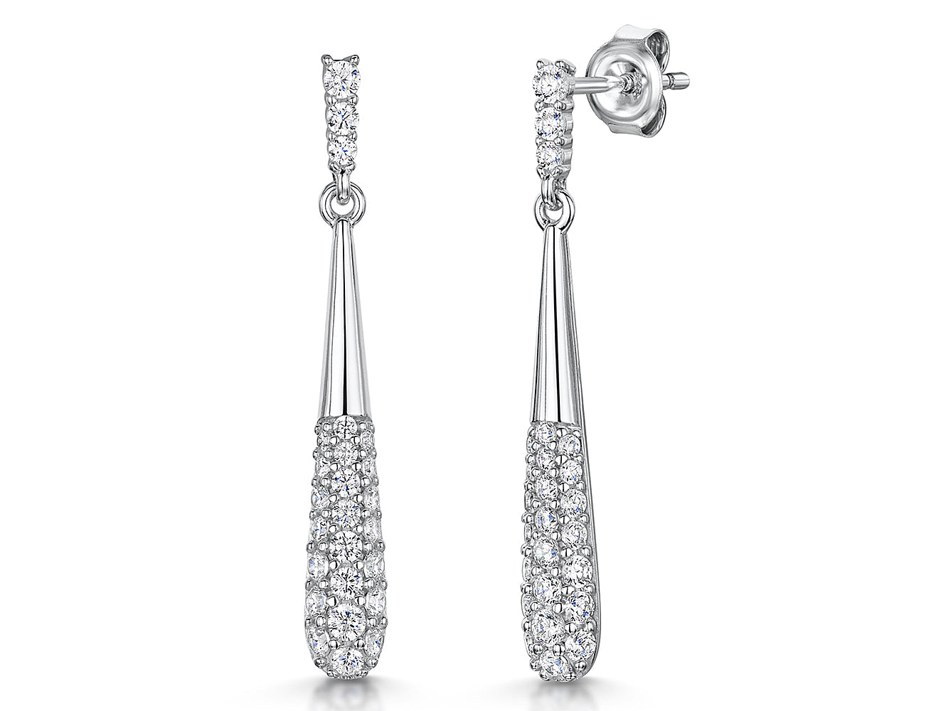 Sterling Silver Baton Drop Earrings With Pave Cubic Zirconias