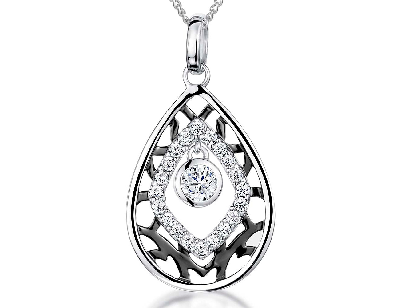 Sterling Silver & Black Teardrop Pendant With Cubic Zirconia