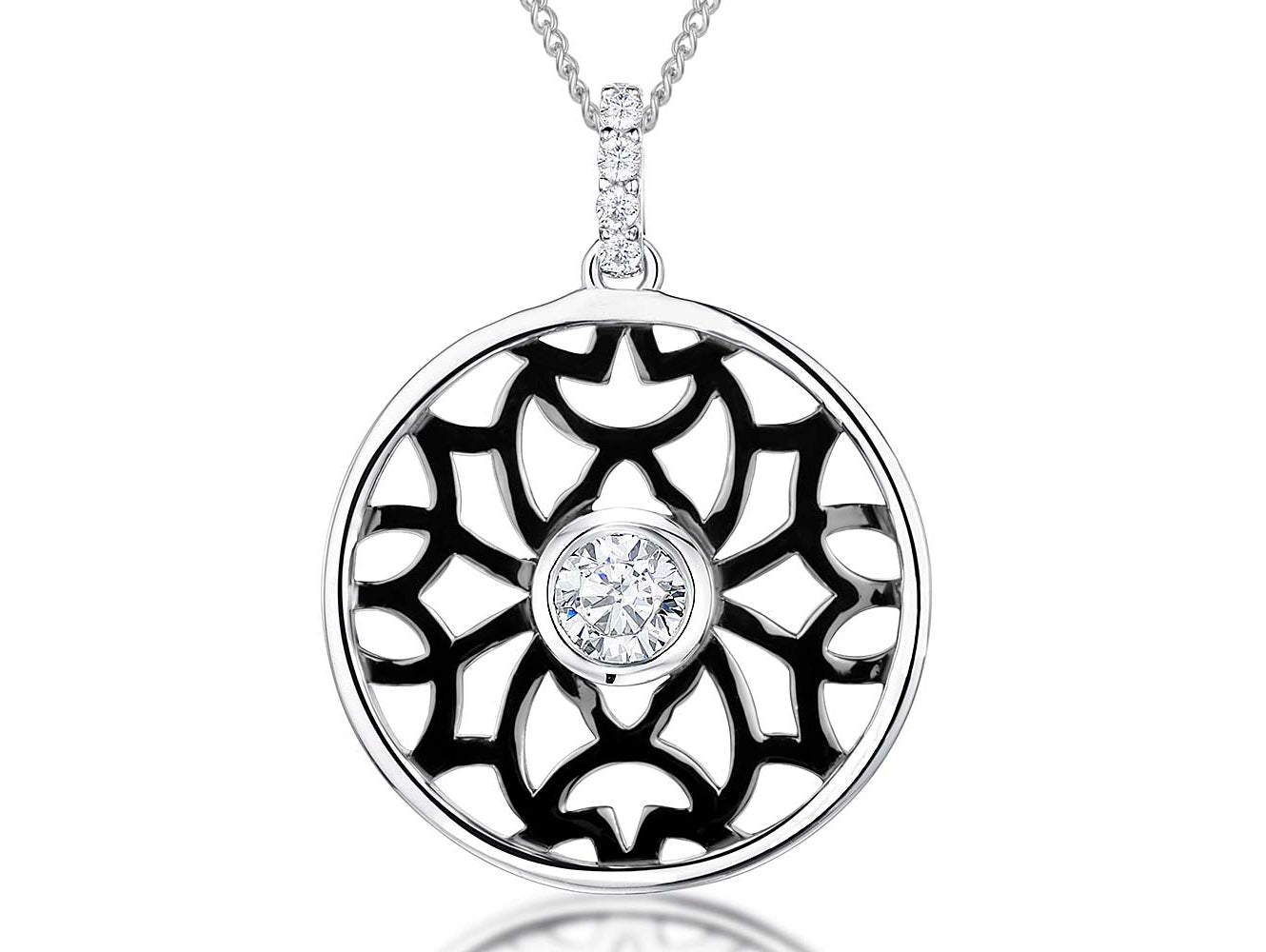 Sterling Silver Circle Pendant With A Ruthenium Filigree Centre