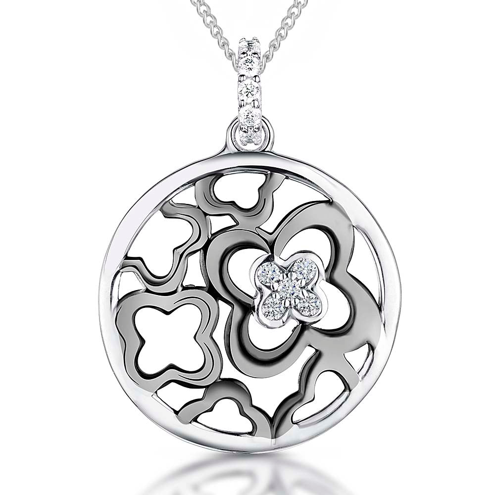 Sterling Silver Circle Black Flower Pendant