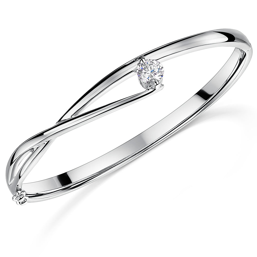 Solid 925 Sterling Silver Bypass Solitaire Bangle | Premium Cubic Zirconia