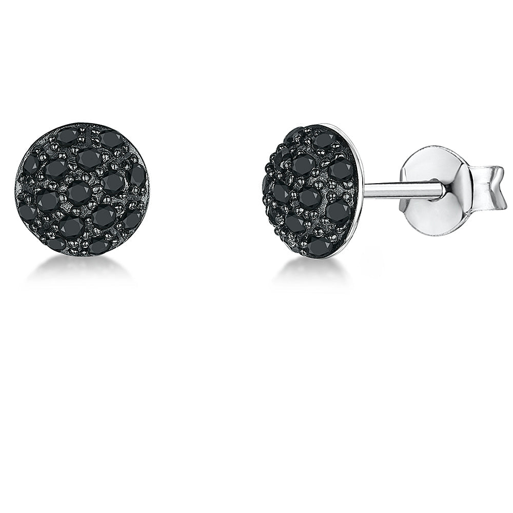 Sterling Silver Black Pave Disc Stud Earrings - 8mm