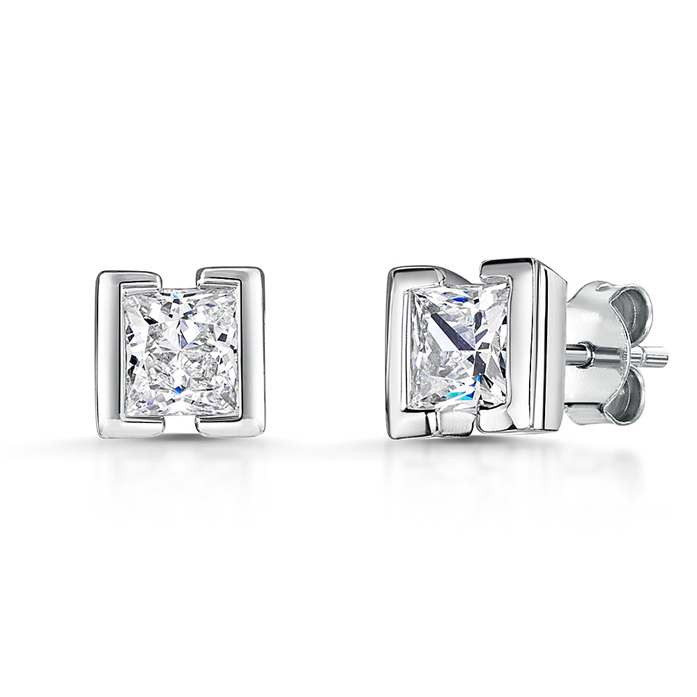 Sterling Silver Chunky Edge Square Cubic Zirconia Earrings