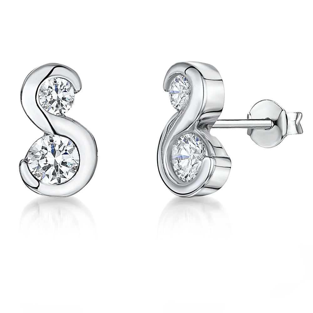 Sterling Silver 'S' Shaped Stud Earring Set with Two Cubic Zirconias