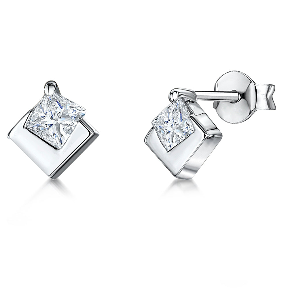 Sterling Silver Offset Square Set With Square Cubic Zirconia