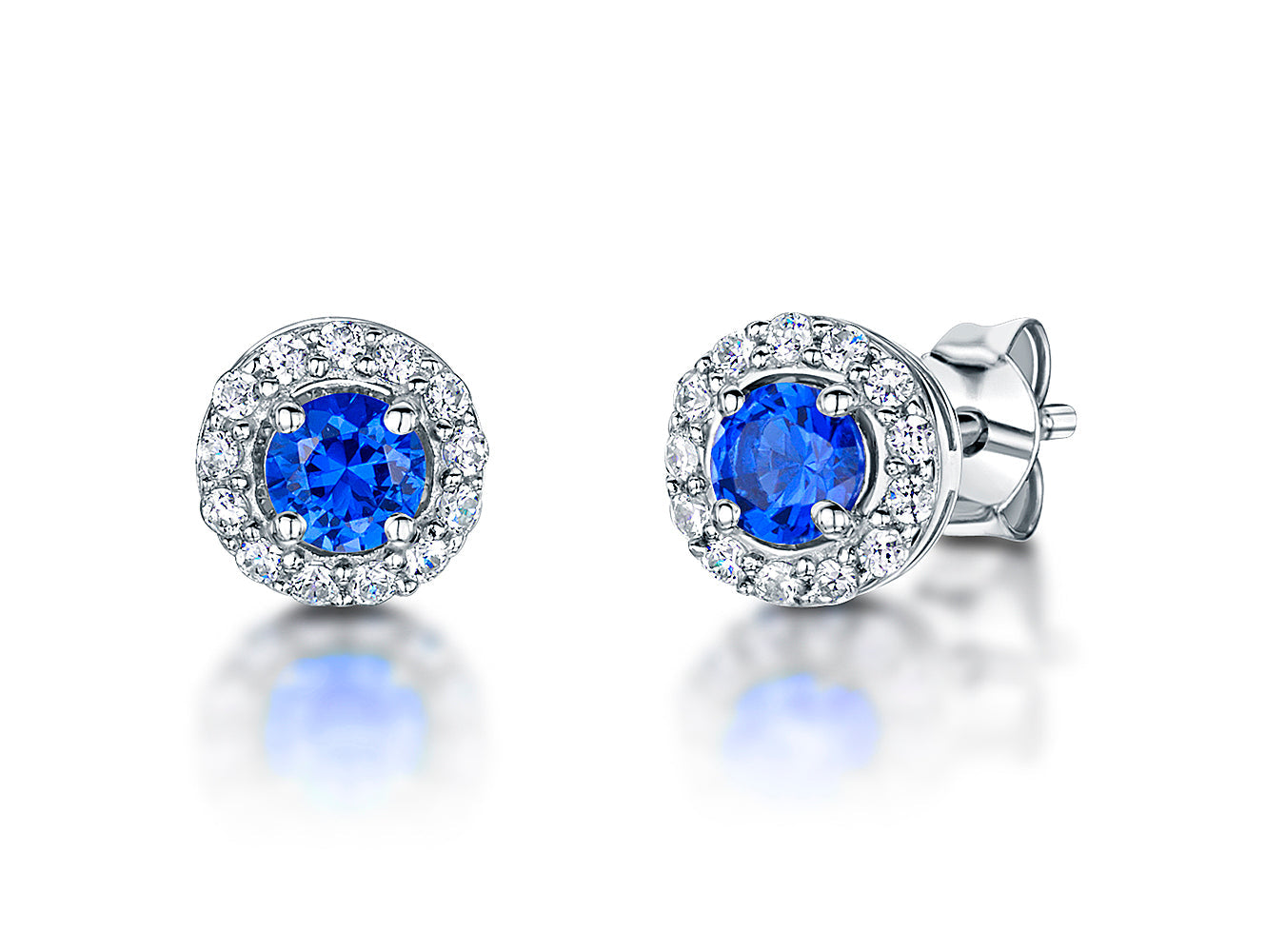 Sterling Silver Sapphire Blue Zirconia Halo Stud Earrings