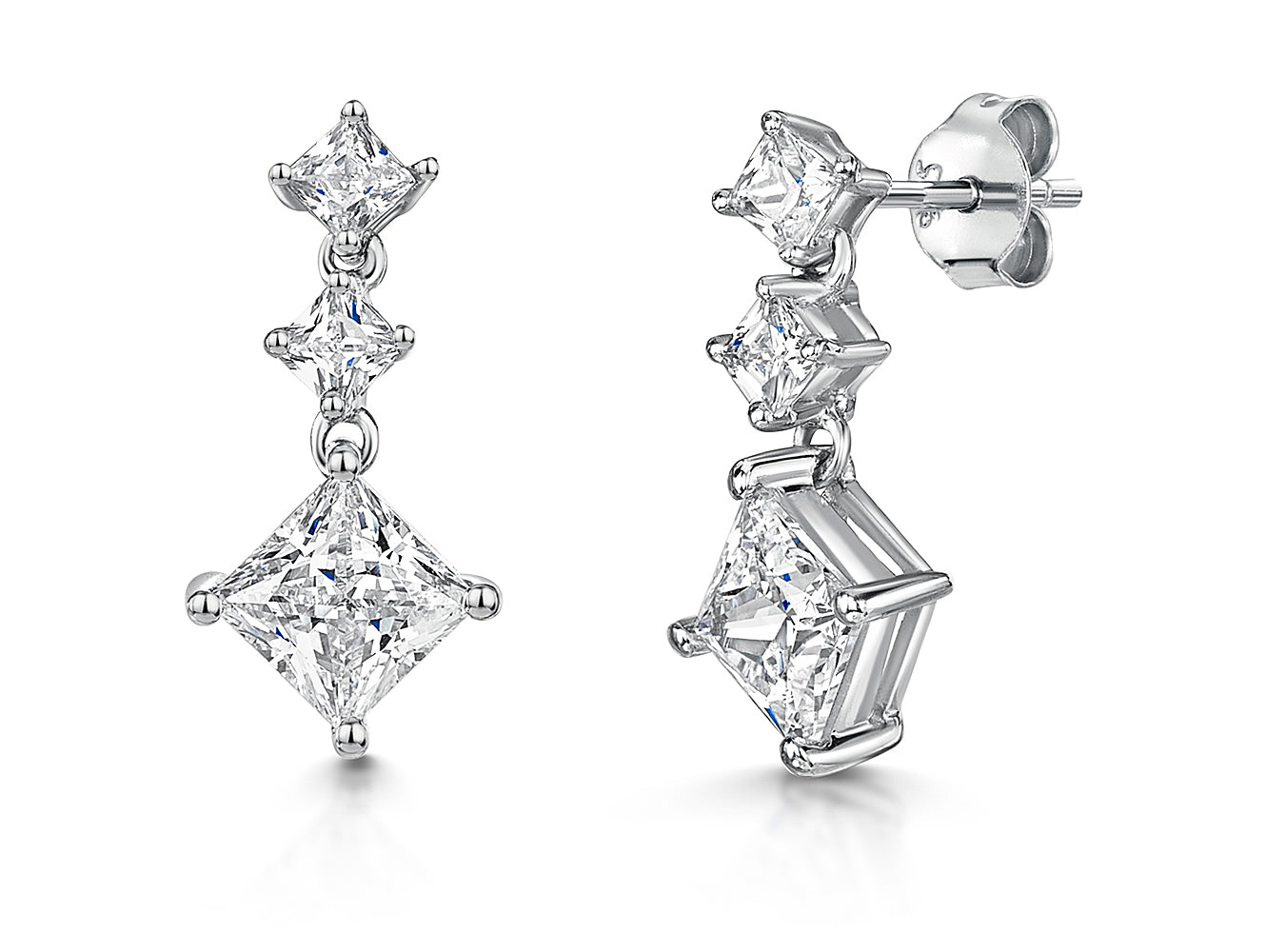 Sterling Silver Graduated Three Square Drop Earrings