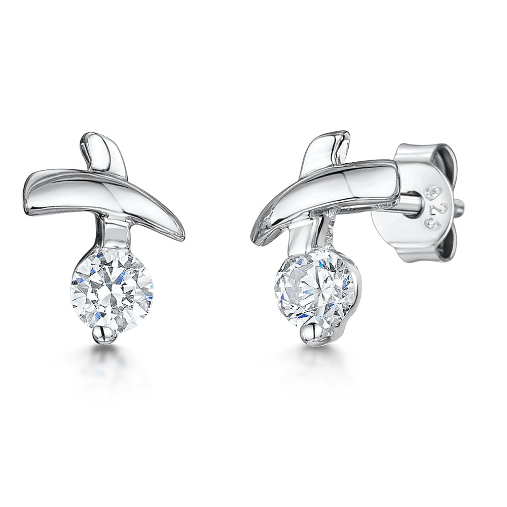 Sterling Silver Kiss Stud Earrings With A Round Cubic Zirconia Stone