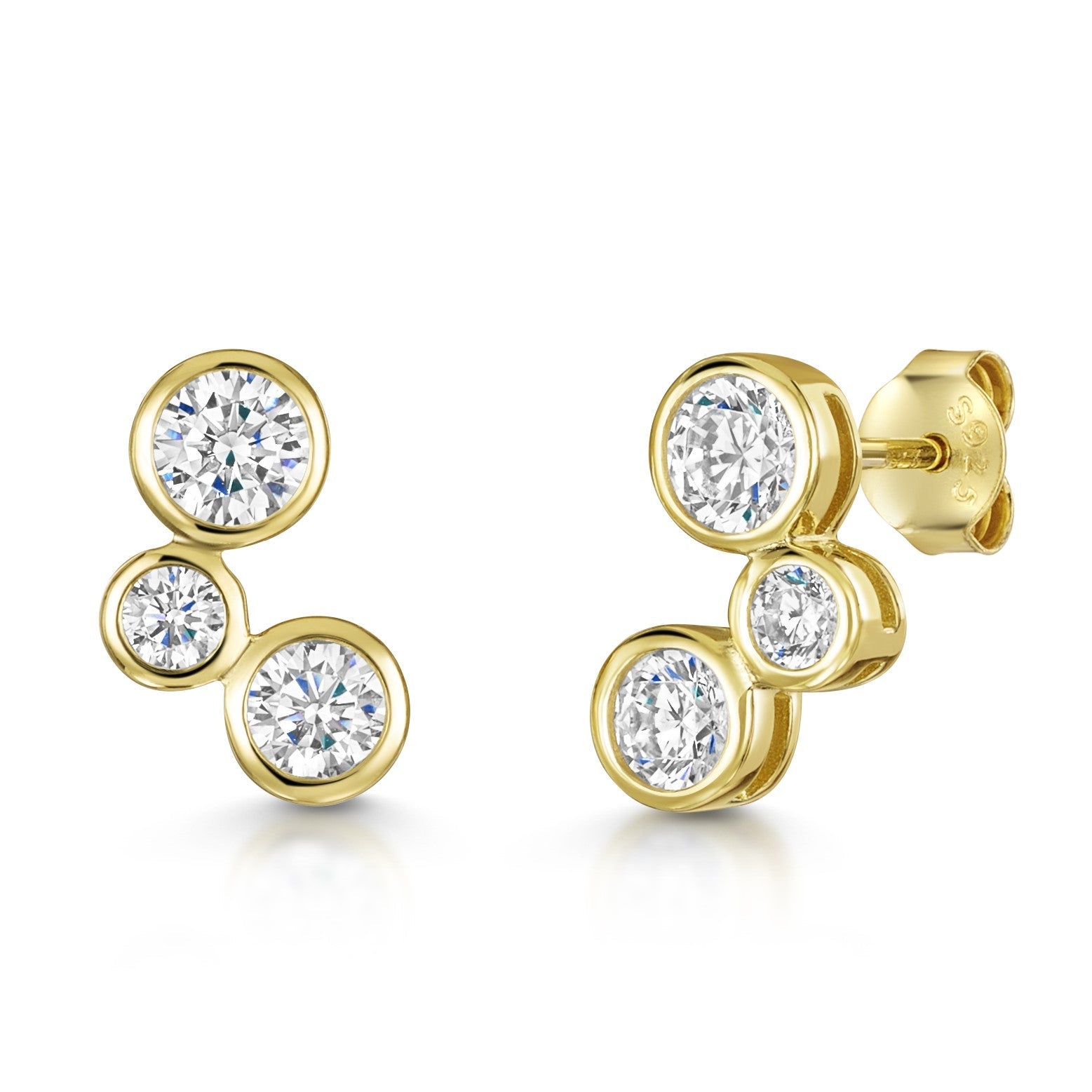 18ct Gold Vermeil Bubble 3-Stone Stud Earrings – Graduated Trio CZ Climbers