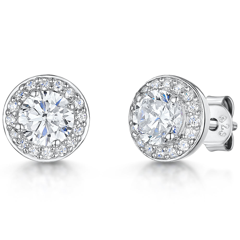 Sterling Silver Stud Earring With Central Cubic Zirconia Surrounded By Circle Of Cubic Zirconias