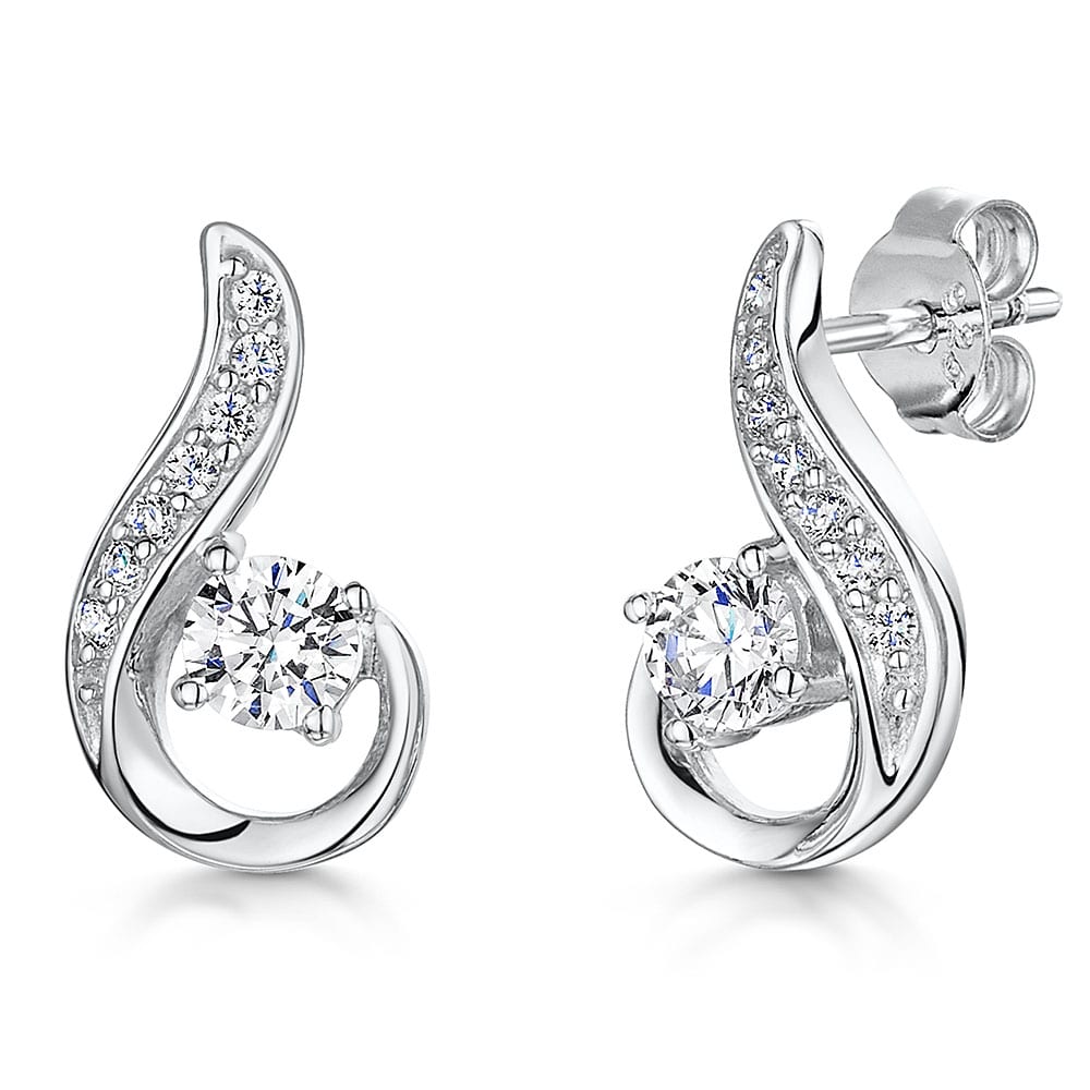 Sterling Silver Curl Stud Earring With A Central Solitaire