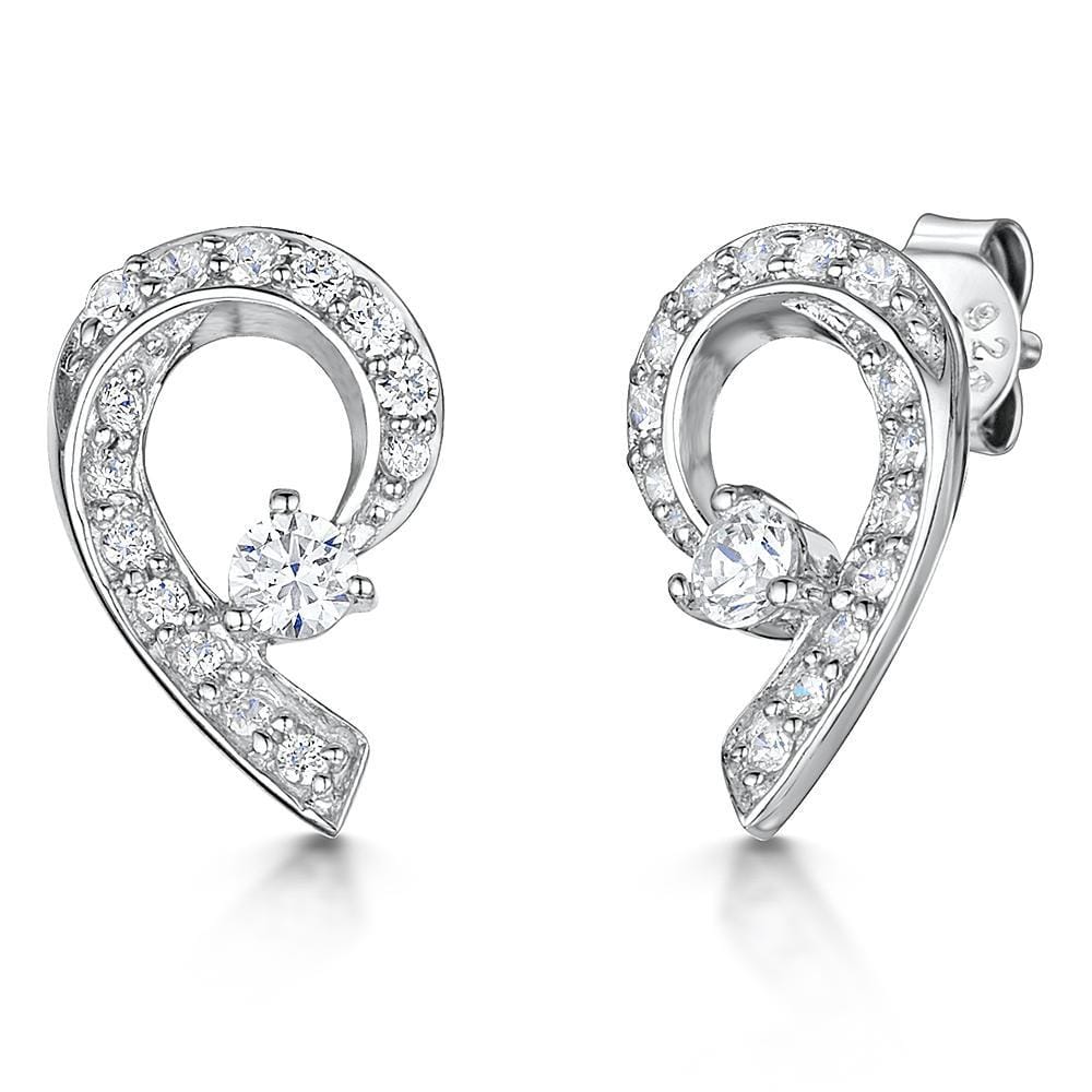 Sterling Silver Earrings Swirl Shape Set With Cubic Zirconia