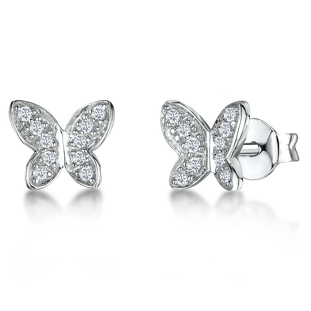Sterling Silver Dainty Butterfly Stud Earrings - Micro Pavé Cubic Zirconia