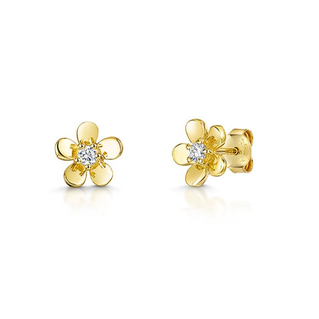 Yellow Gold Petal Earrings With Cubic Zirconia Centres