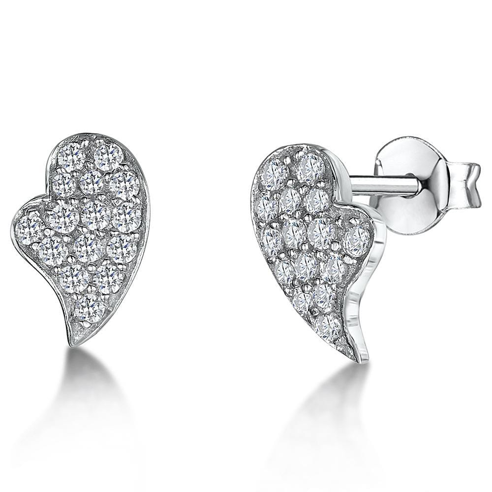 Sterling Silver Pave Offset Heart Stud Earrings