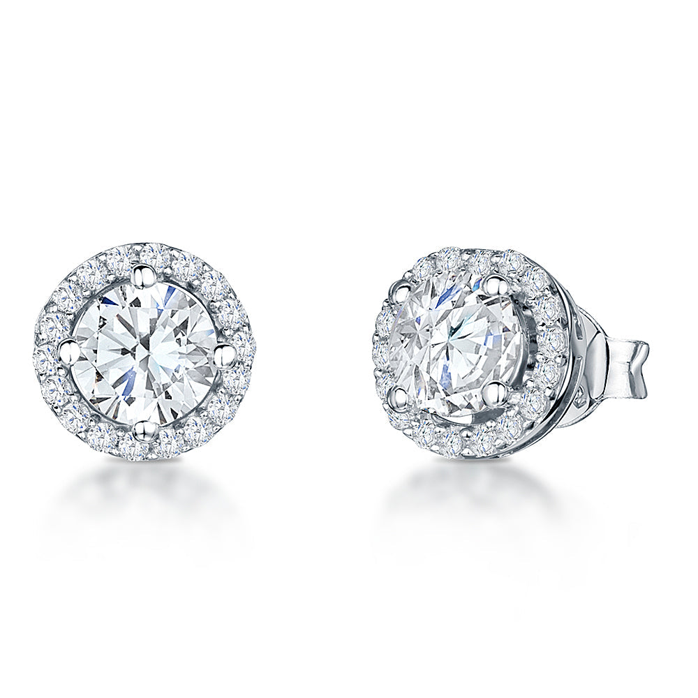 Sterling Silver Halo Style Stud Earring With Central Stone Surrounded by Cubic Zirconias JOOLS by Jenny Brown