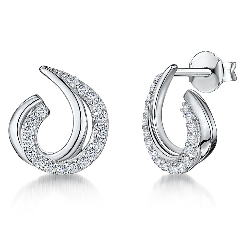 Sterling Silver Curled Stud Earrings Set With Cubic Zirconias