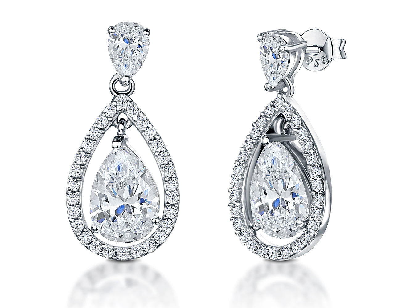 Sterling Silver Halo Tear Drop Stud Earrings