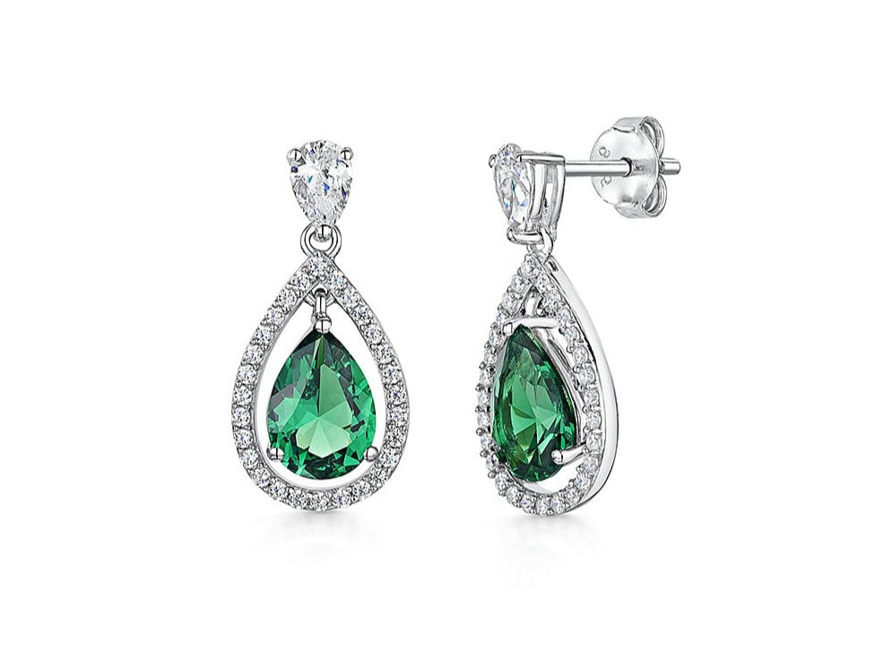 Solid 925 Sterling Silver Green Pear-Cut Halo Drop Earrings |Premium Cubic Zirconia