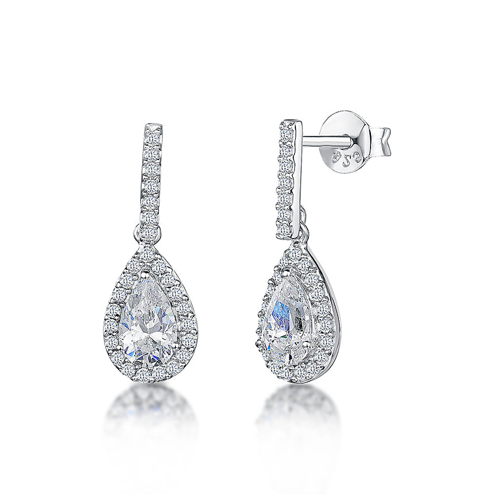 Sterling Silver Halo Teardrop Cubic Zirconia Earrings