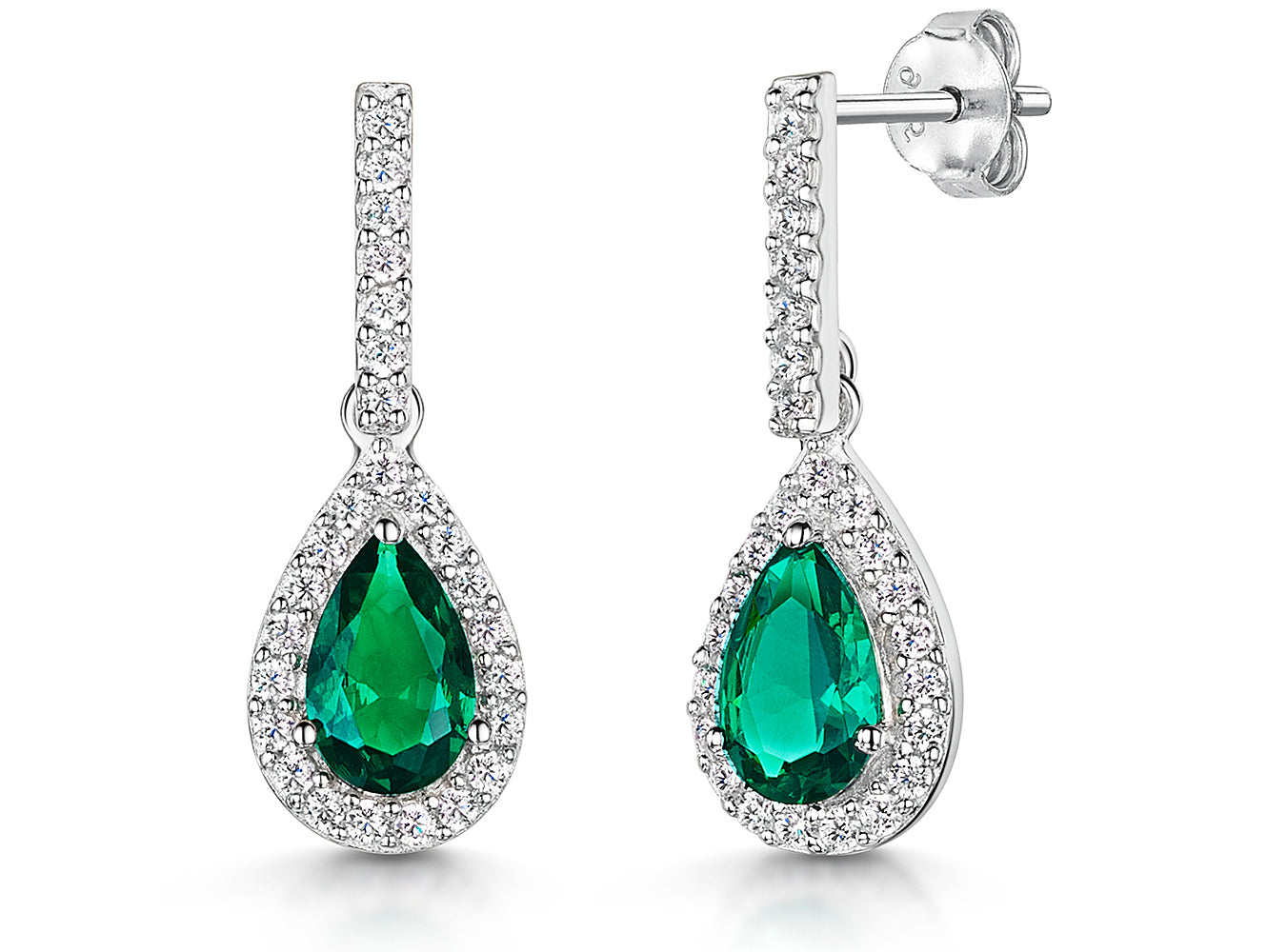 Sterling Silver Emerald Green Cubic Zirconia Drop Halo Earrings