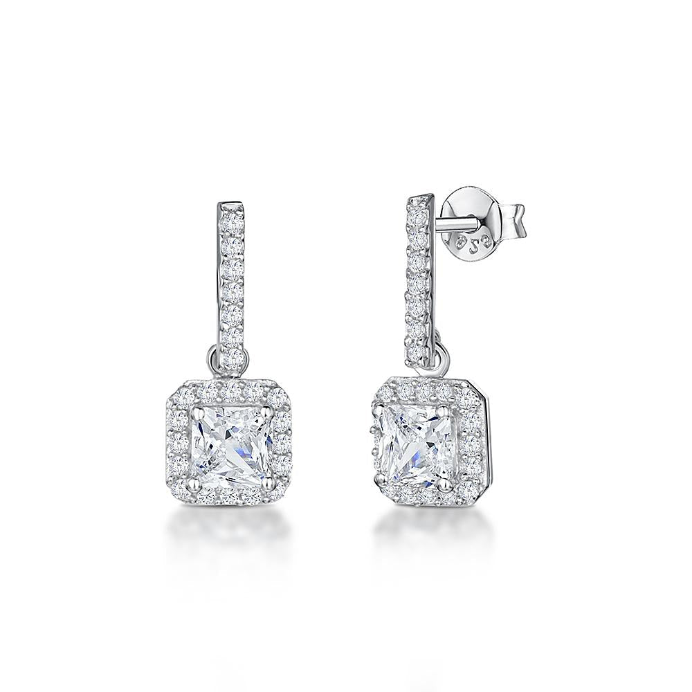Sterling Silver Halo Square Cut Cubic Zirconia Earrings