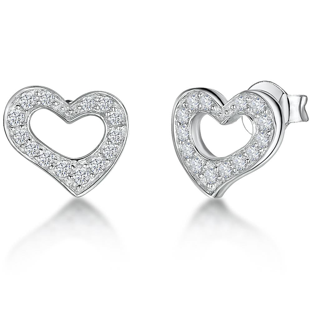 Sterling Silver Small Heart Offset Cubic Zirconia Earrings