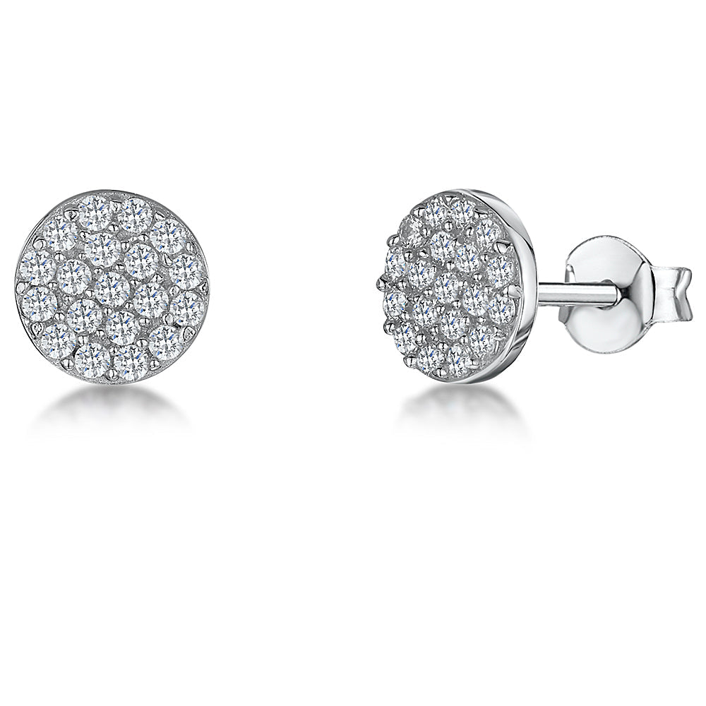 Sterling Silver Flat Pave Round Stud Earrings