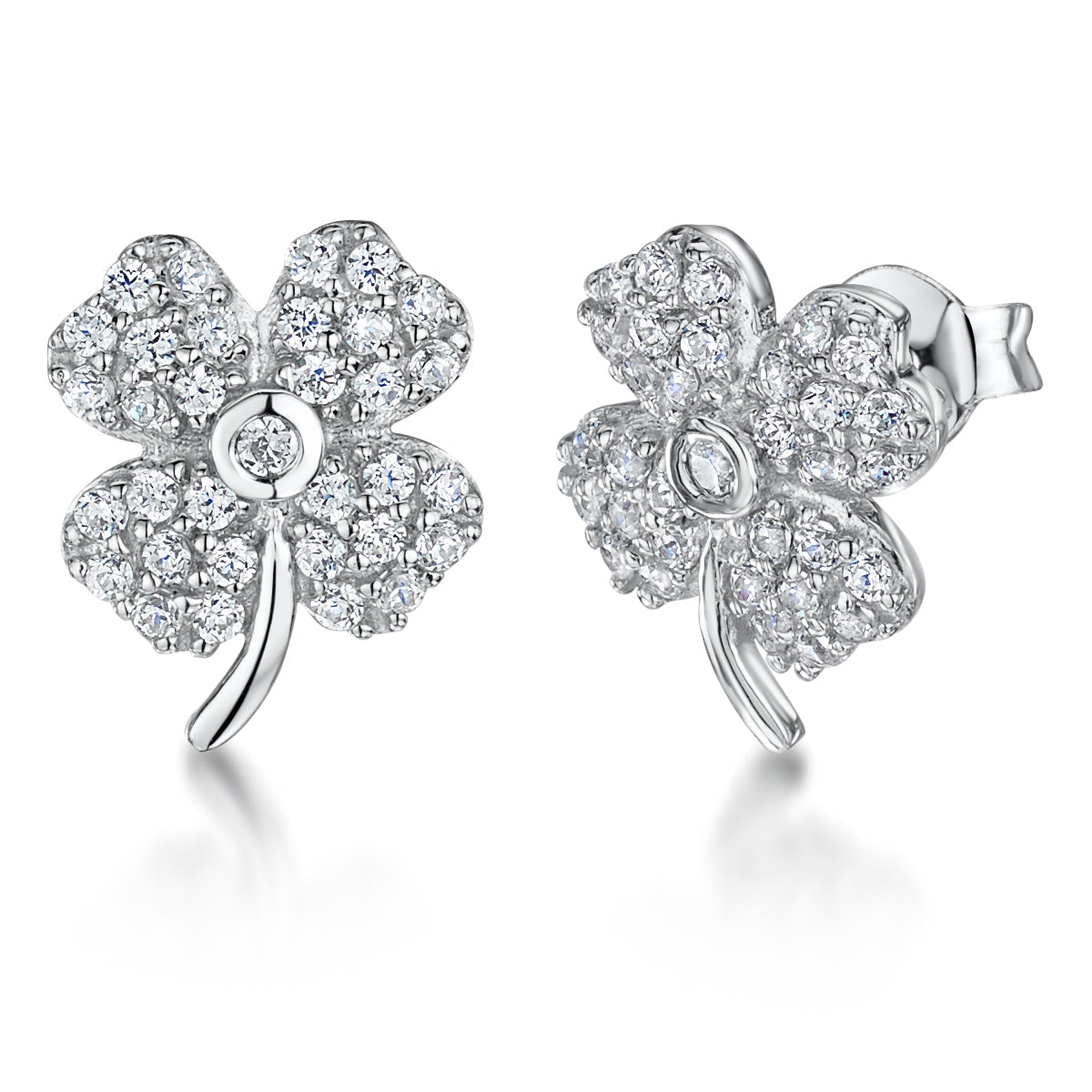 Sterling Silver Four Leaf Clover Stud Earrings Set With Cubic Zirconias