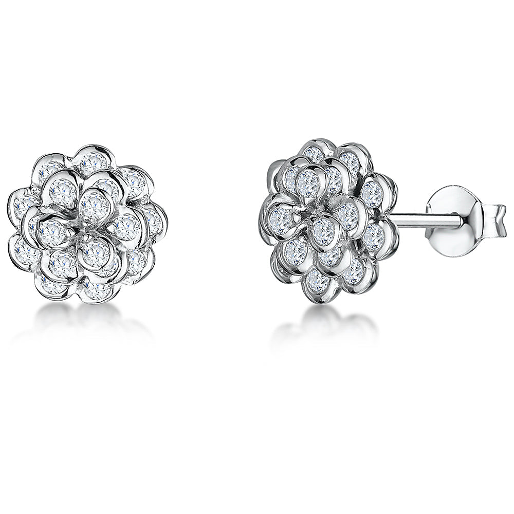 Sterling Silver Flower Stud Earrings With Layered Petals Of Cubic Zirconia