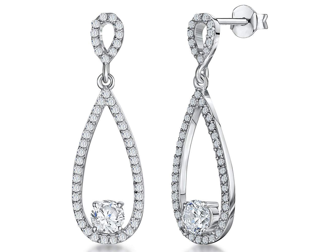 A pair of sterling silver teardrop earrings with a single cubic zirconia stone in the center, surrounded by smaller pave-set cubic zirconia stones.-JOOLS by Jenny Brown