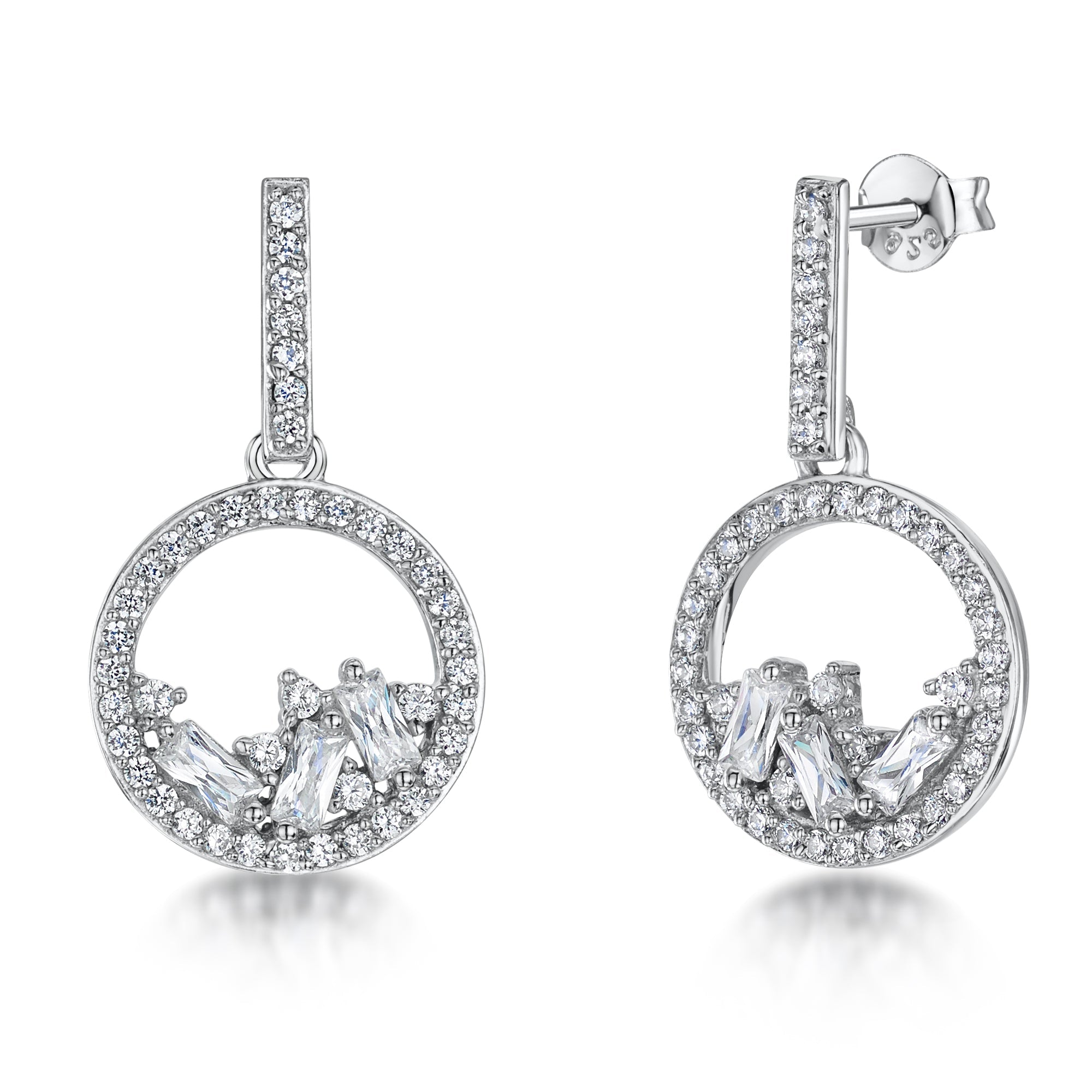 Sterling Silver Circle Drop Earrings With Baguette Stones