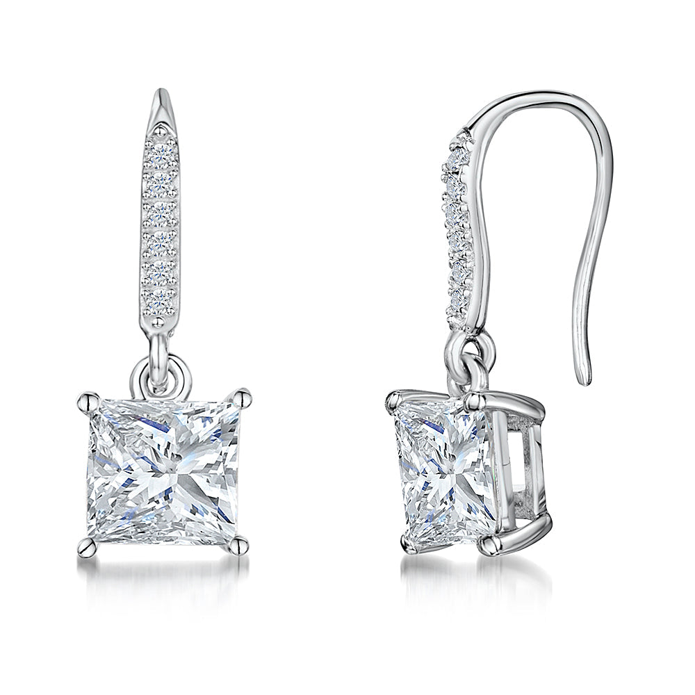 Sterling Silver Drop Princess Cut Earrings